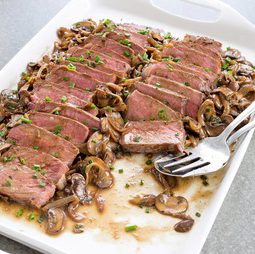 Strip steaks with sautéed onion and mushrooms