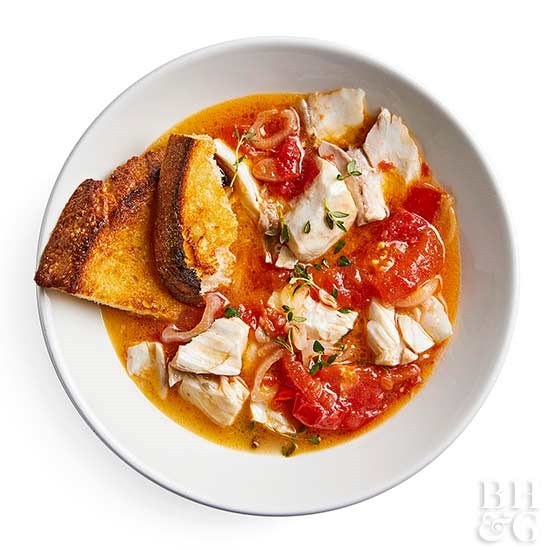 Striped bass in tomato broth
