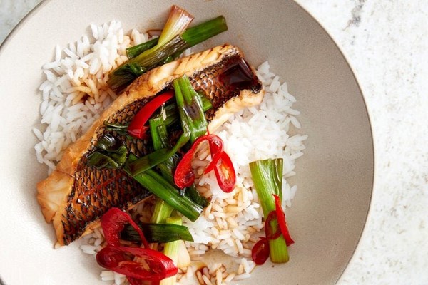 Striped bass poached in spicy soy sauce