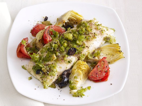 Striped bass with artichokes and olives