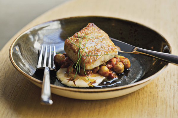 Striped bass with barbecued hazelnuts, cornbread puree & sorghum