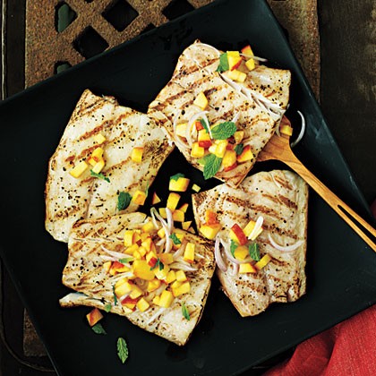 Striped bass with peach salsa