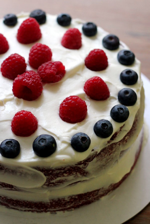 Striped red, white, and blue velvet cake