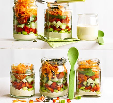 Stripy houmous salad jars