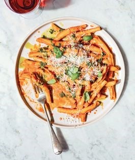 Strozzapreti pomodoro with pesto and pecorino Sardo