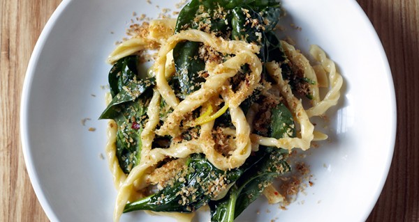 Strozzapreti with spinach and preserved lemon