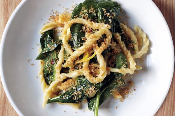 Strozzapreti with spinach and preserved lemon
