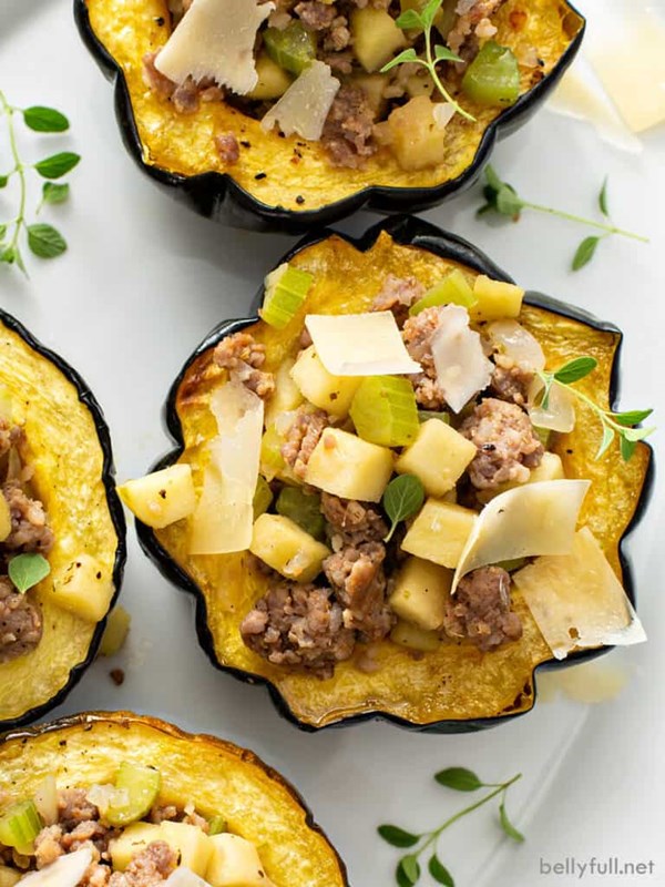Stuffed acorn squash with sausage and apple
