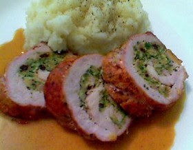 Stuffed and rolled pork tenderloin with Dijon pan jus