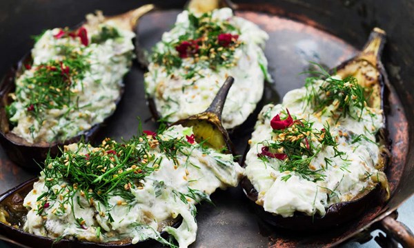 Stuffed aubergine with labneh and cucumber