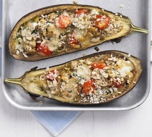 Stuffed aubergines with garlic & mozzarella