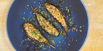 Stuffed baby aubergines with tahini & garlic