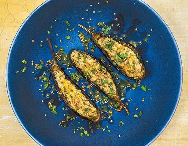 Stuffed baby aubergines with tahini & garlic