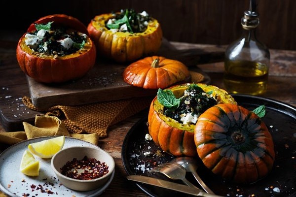 Stuffed baby pumpkins, feta, greens and preserved lemon