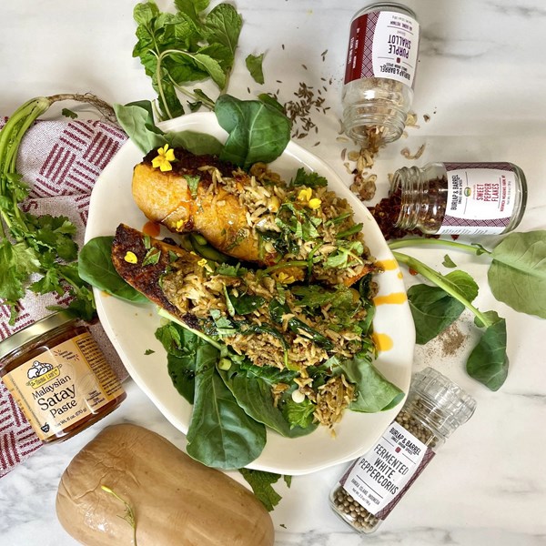 Stuffed butternut squash with Mama Lam's satay glaze (Bubur lambuk) [Kayla Simone Fowler]