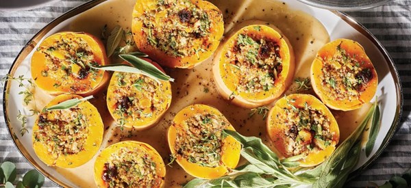 Stuffed butternut squash with savory gravy