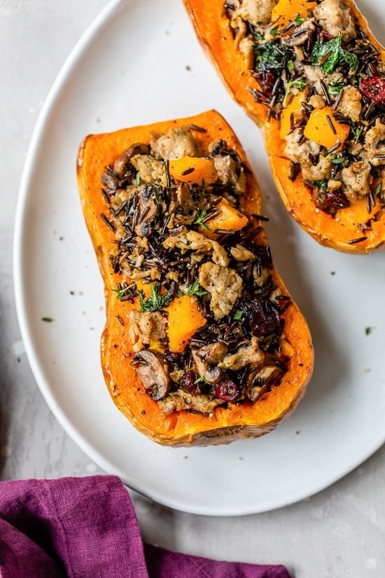 Stuffed butternut squash with wild rice and sausage