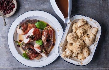 Stuffed chicken breast with roasted cauliflower and cheesy breadcrumbs