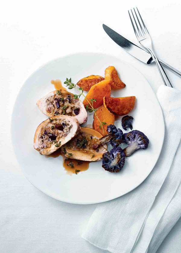 Stuffed chicken breasts with almonds, olives, and thyme
