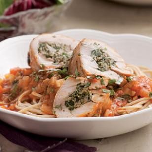 Stuffed chicken thighs braised in tomato sauce