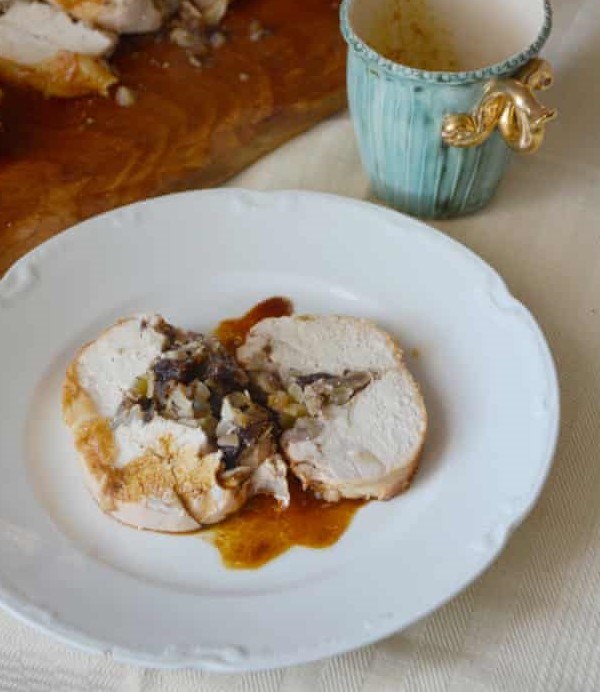 Stuffed chicken with chestnut, prune, sage and onion