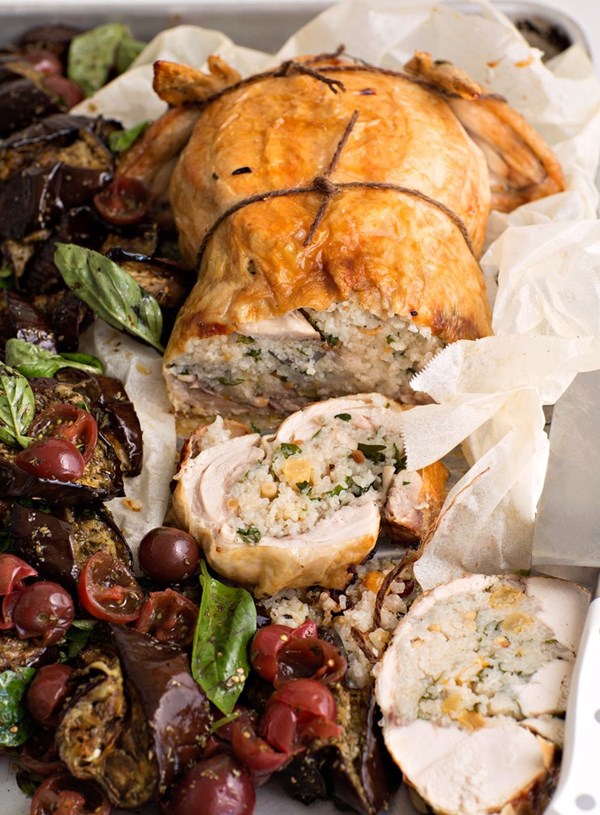 Stuffed chicken with eggplant salad