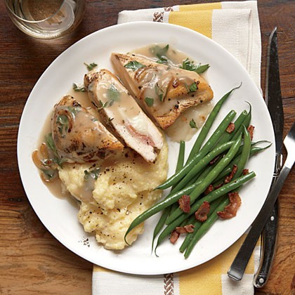Stuffed chicken with herb gravy and creamy polenta
