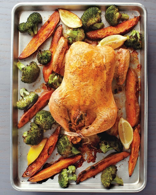 Stuffed chicken with roasted broccoli and sweet potatoes
