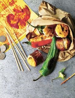 Stuffed chillies & aubergine sticks