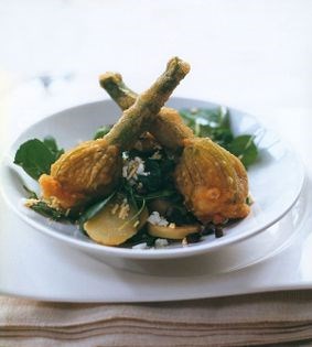 Stuffed courgette flowers with chickpeas, new potatoes and lemon olive oil