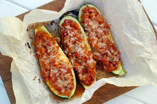 Stuffed courgettes with Gressingham duck ragu