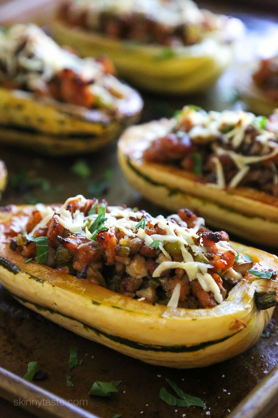 Stuffed delicata squash with chicken sausage-mushroom stuffing