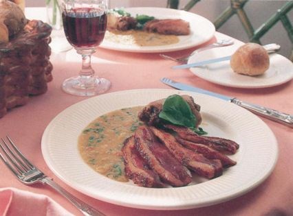 Stuffed duckling with lentils, bacon and garlic [Stephen Ross]