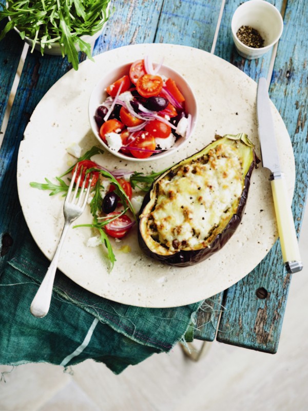 Stuffed eggplant with lamb and rice