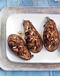 Stuffed eggplant with lamb and pine nuts