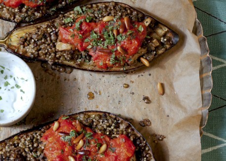 Stuffed eggplant with lentils and millet