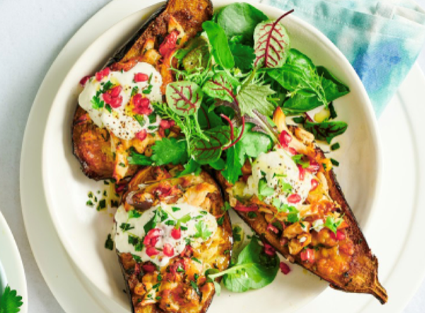 Stuffed eggplant with shredded roast chicken and mozzarella (Papoutsakia)