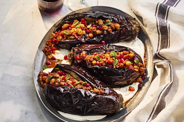 Stuffed eggplant with spiced beef and pine nuts
