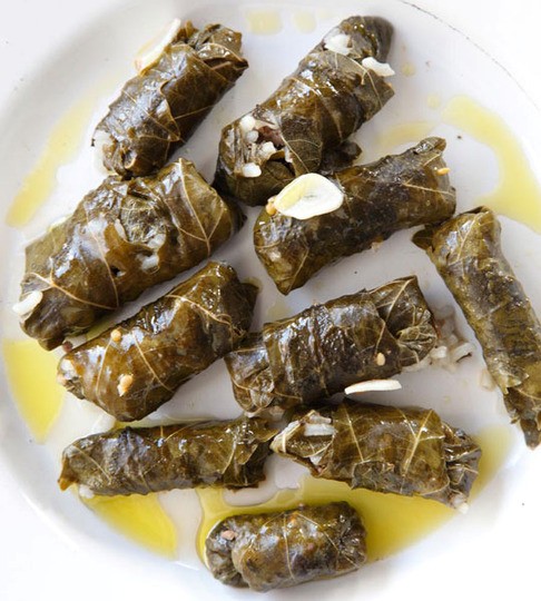 Stuffed grape leaves with cucumber-yogurt sauce