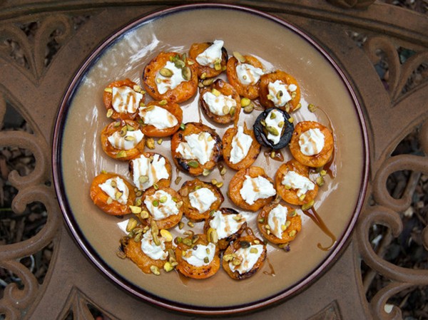 Stuffed grilled apricots with goat cheese, pistachios, and balsamic