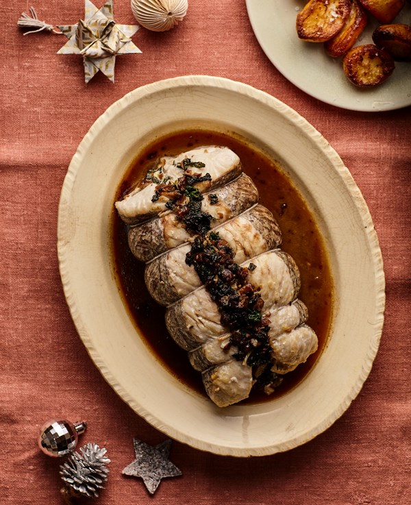Stuffed hake joint with porcini gravy