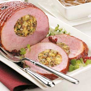 Stuffed ham with raisin sauce