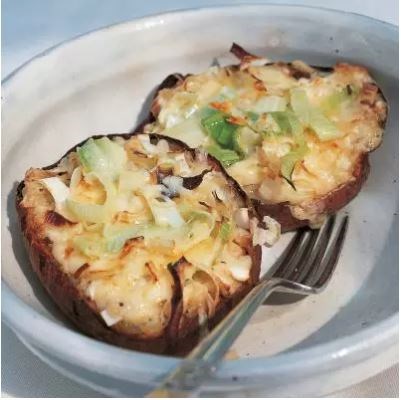 Stuffed jacket potatoes with leeks, cheddar and Boursin