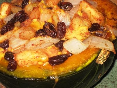 Stuffed kabocha with raisins, apples, and cheese