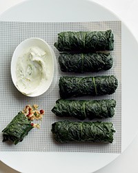 Stuffed kale with bulgur tabbouleh and lime yogurt dip