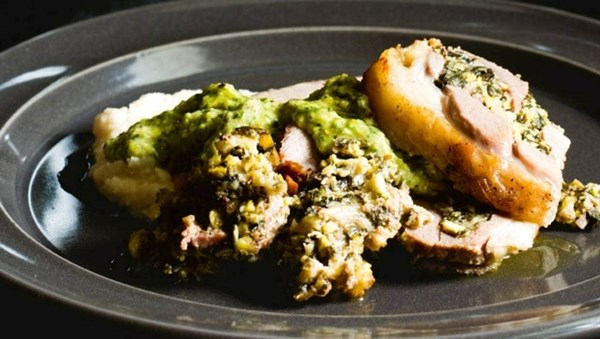 Stuffed lamb shoulder with pistachio sauce and white bean purée