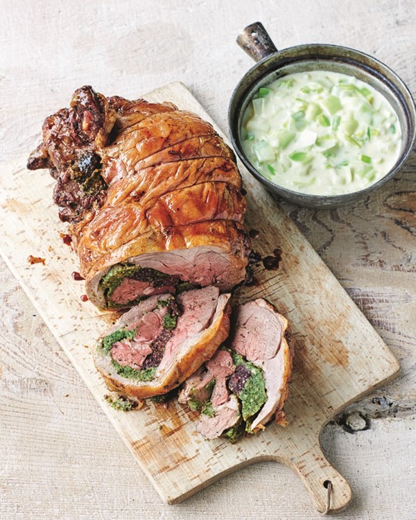 Stuffed leg of Welsh lamb with onion and leek sauce