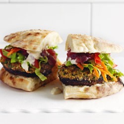 Stuffed mushroom burgers with eggplant pickle and garlic yoghurt