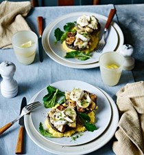 Stuffed mushrooms with goats' cheese and creamy polenta