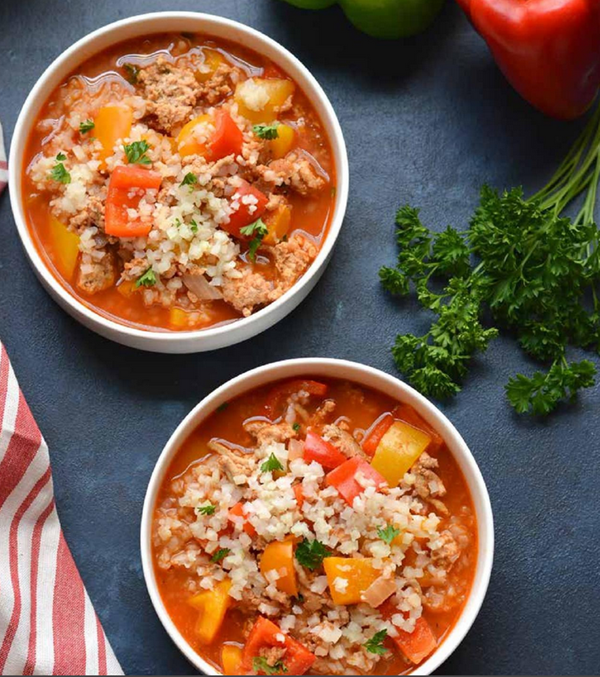 Stuffed pepper soup with cauliflower rice